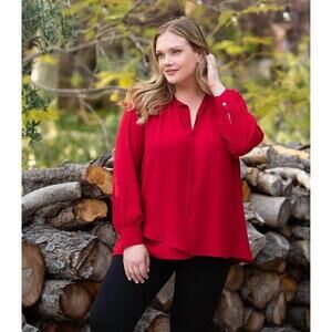 Karen Kane Red Blouse top XLARGE tie neck crossover hem Long Sleeve NWOT